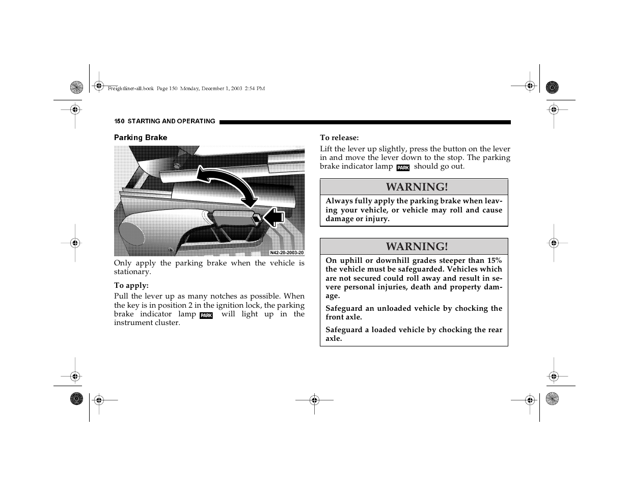 Parking brake, Warning | Dodge 2004 Sprinter Carb & Chassis User Manual | Page 150 / 272