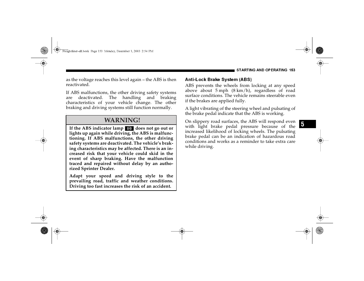 Anti-lock brake system (abs), Warning | Dodge 2004 Sprinter Carb & Chassis User Manual | Page 153 / 272