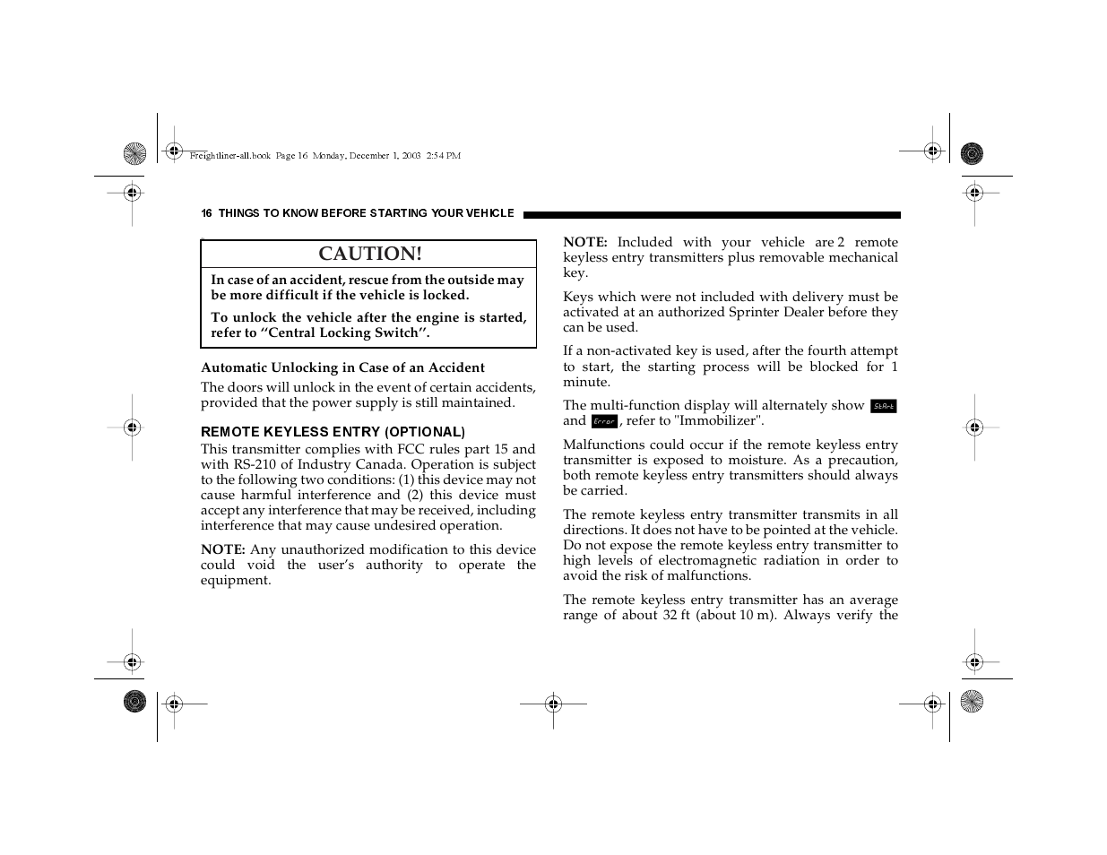 Remote keyless entry (optional), Caution | Dodge 2004 Sprinter Carb & Chassis User Manual | Page 16 / 272