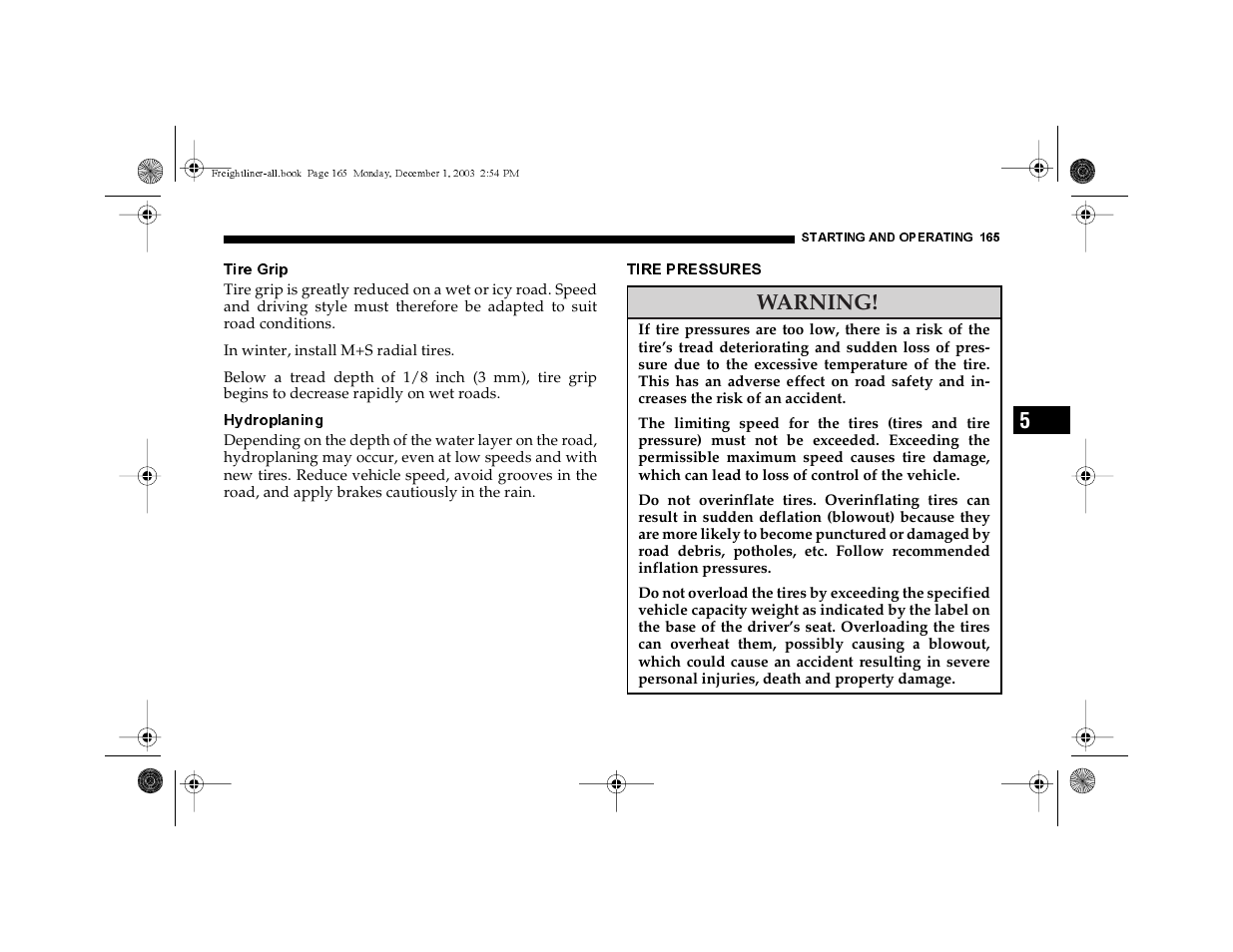 Tire grip, Hydroplaning, Tire pressures | Dodge 2004 Sprinter Carb & Chassis User Manual | Page 165 / 272