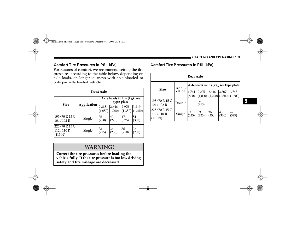 Comfort tire pressures in psi (kpa), Warning | Dodge 2004 Sprinter Carb & Chassis User Manual | Page 169 / 272