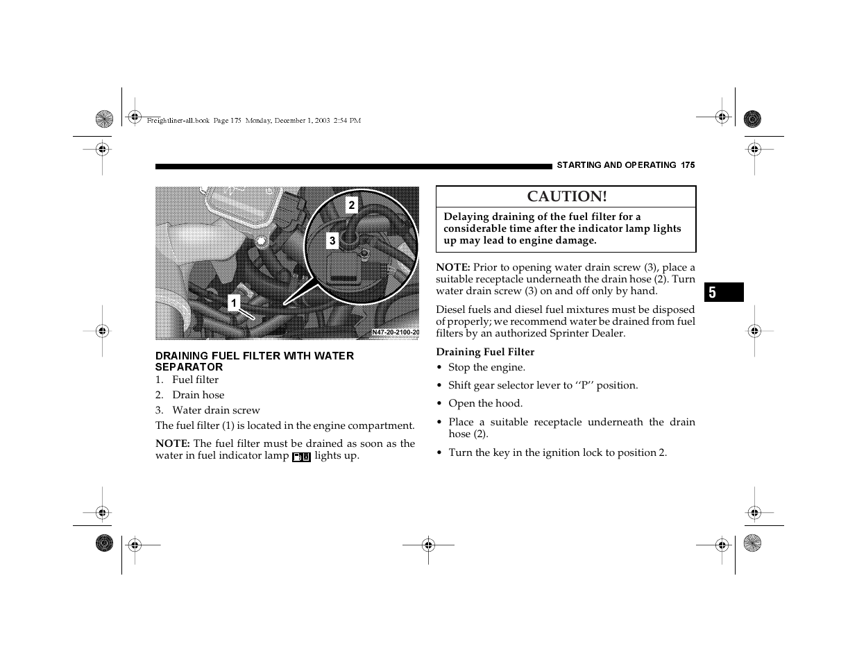 Draining fuel filter with water separator, Caution | Dodge 2004 Sprinter Carb & Chassis User Manual | Page 175 / 272