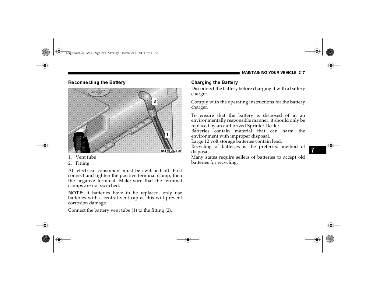 Reconnecting the battery, Charging the battery | Dodge 2004 Sprinter Carb & Chassis User Manual | Page 217 / 272