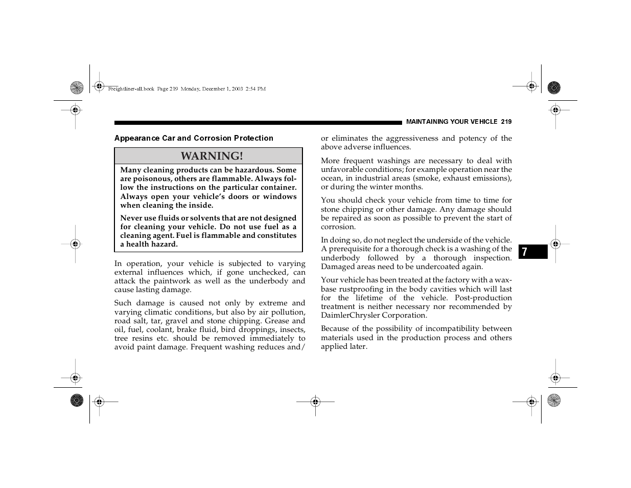 Appearance car and corrosion protection, Warning | Dodge 2004 Sprinter Carb & Chassis User Manual | Page 219 / 272