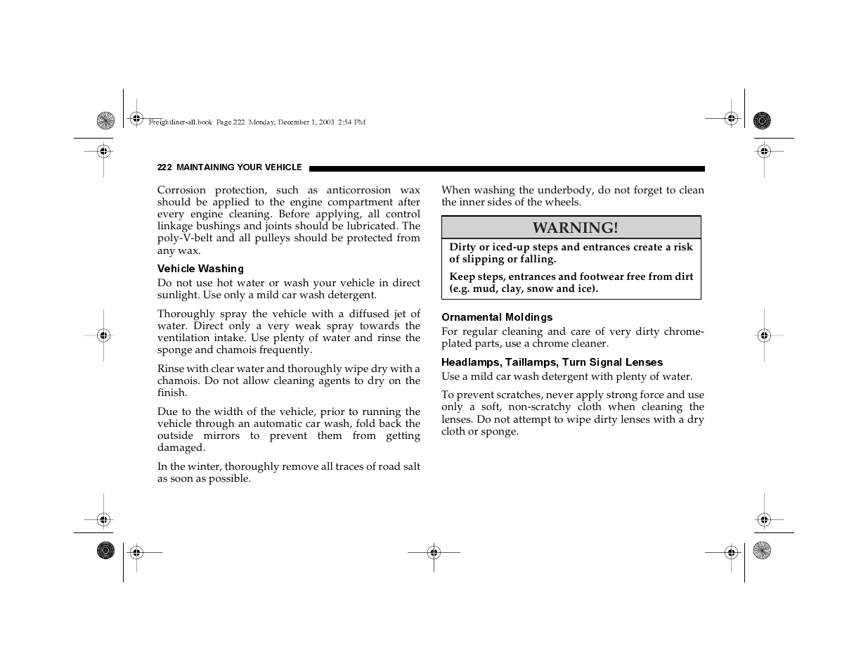 Vehicle washing, Ornamental moldings, Headlamps, taillamps, turn signal lenses | Warning | Dodge 2004 Sprinter Carb & Chassis User Manual | Page 222 / 272