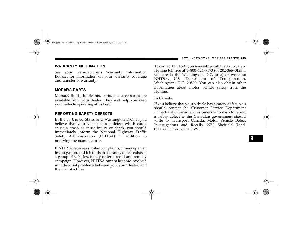 Warranty information, Mopar, Parts | Reporting safety defects | Dodge 2004 Sprinter Carb & Chassis User Manual | Page 259 / 272