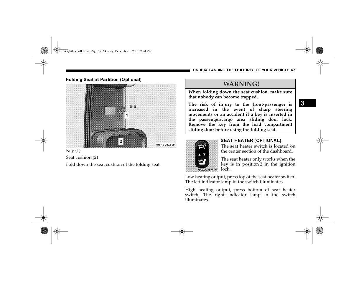 Folding seat at partition (optional), Seat heater (optional), Warning | Dodge 2004 Sprinter Carb & Chassis User Manual | Page 57 / 272