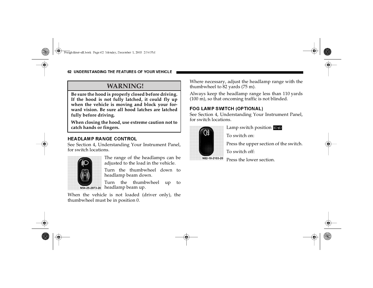 Headlamp range control, Fog lamp switch (optional), Warning | Dodge 2004 Sprinter Carb & Chassis User Manual | Page 62 / 272