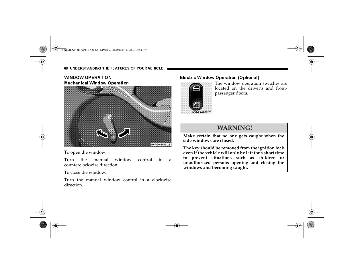 Window operation mechanical window operation, Electric window operation (optional), Warning | Dodge 2004 Sprinter Carb & Chassis User Manual | Page 68 / 272