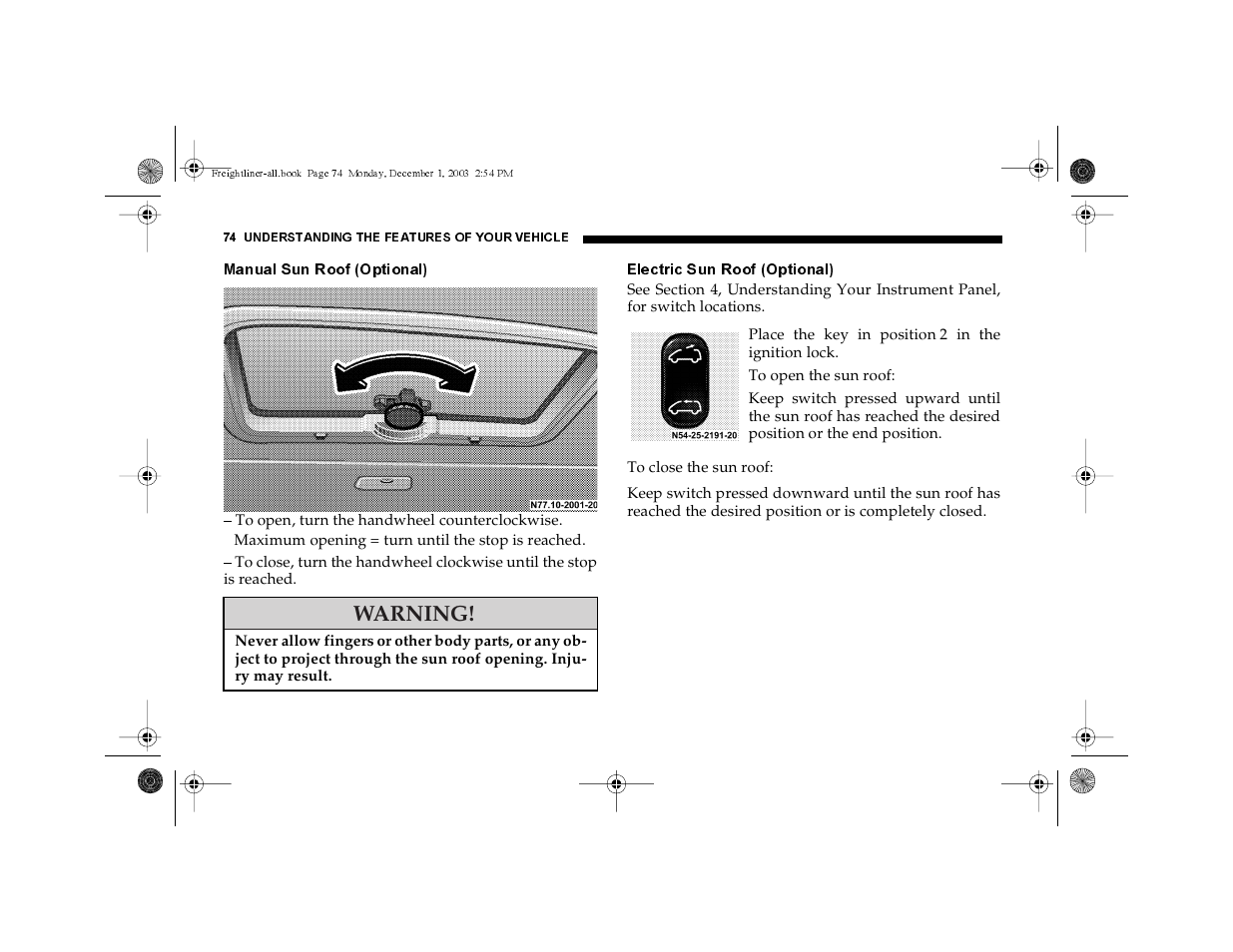 Manual sun roof (optional), Electric sun roof (optional), Warning | Dodge 2004 Sprinter Carb & Chassis User Manual | Page 74 / 272