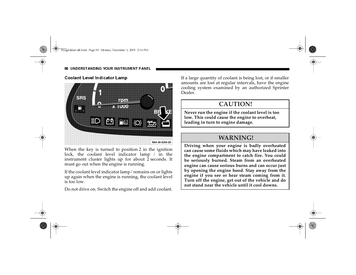 Coolant level indicator lamp, Caution, Warning | Dodge 2004 Sprinter Carb & Chassis User Manual | Page 98 / 272