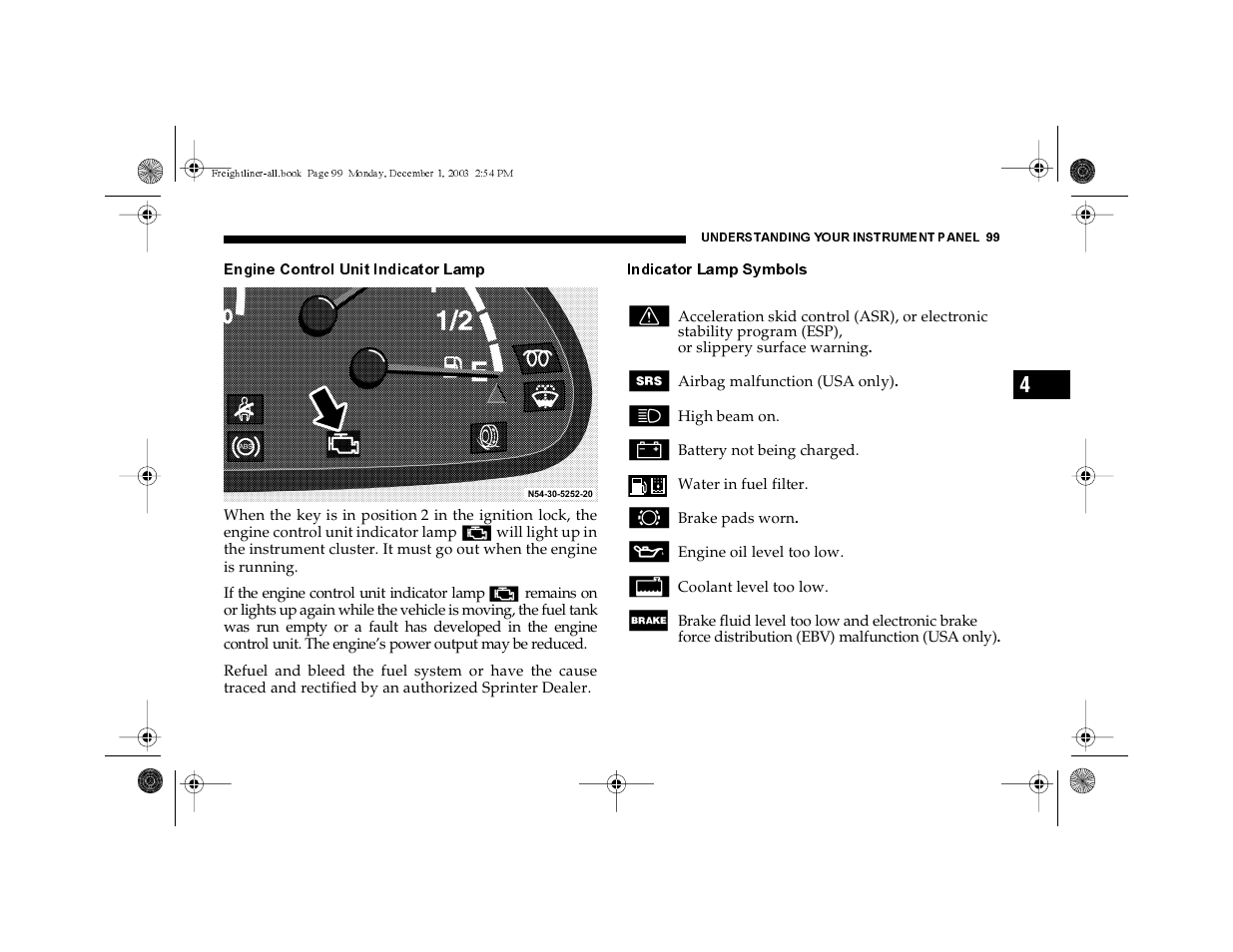 Engine control unit indicator lamp, Indicator lamp symbols | Dodge 2004 Sprinter Carb & Chassis User Manual | Page 99 / 272