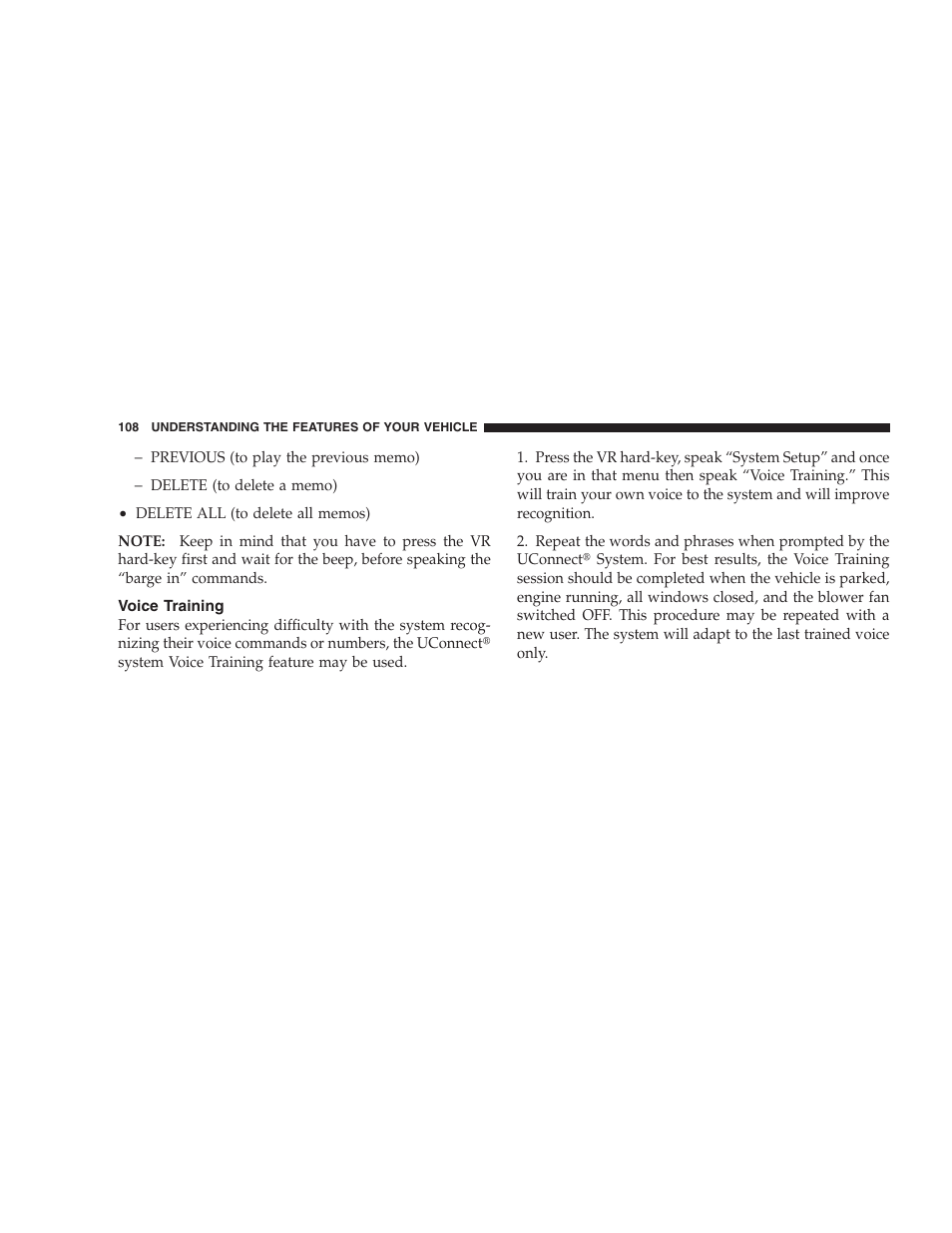 Voice training | Dodge 2008 Challenger SRT8 User Manual | Page 110 / 385