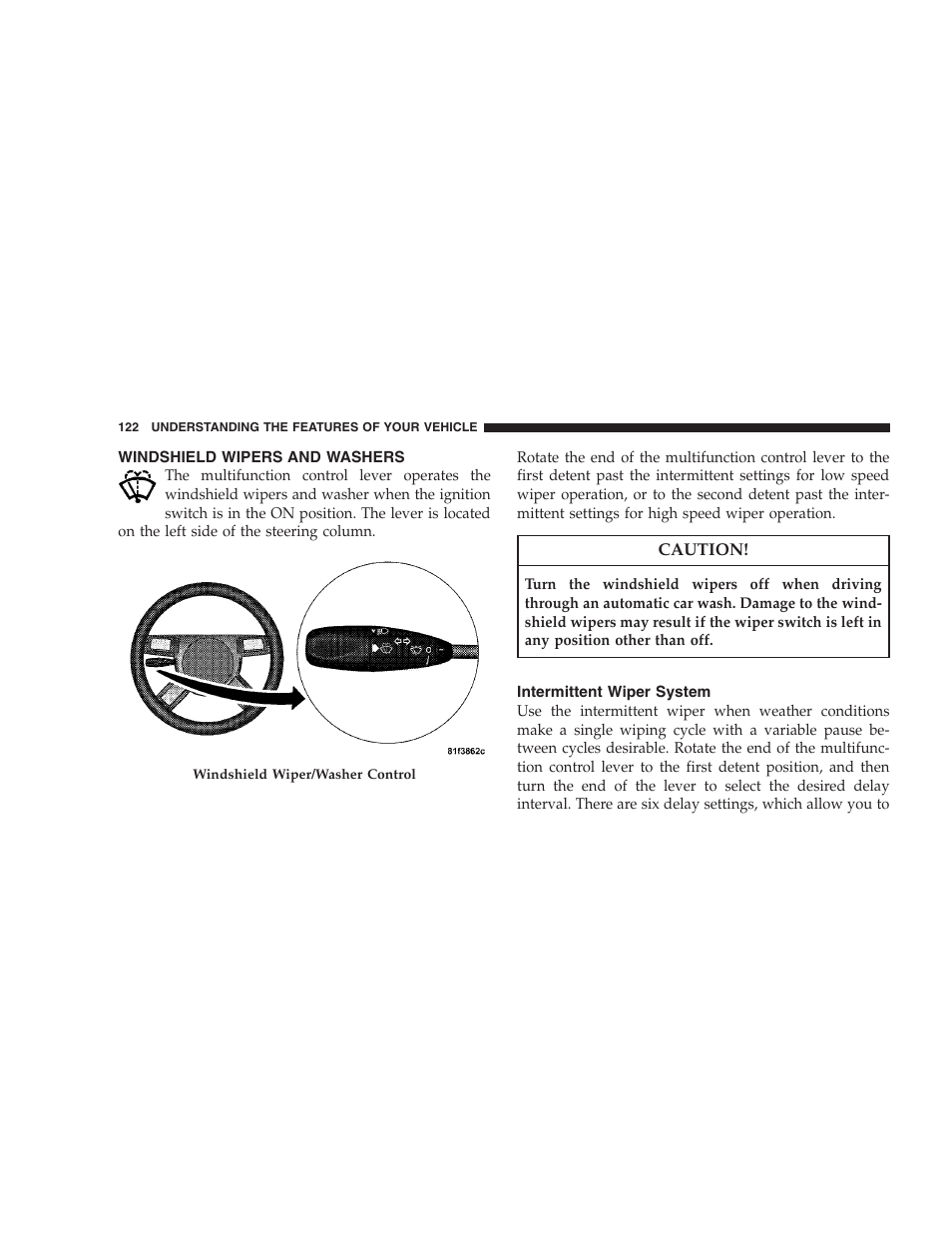 Windshield wipers and washers, Intermittent wiper system | Dodge 2008 Challenger SRT8 User Manual | Page 124 / 385
