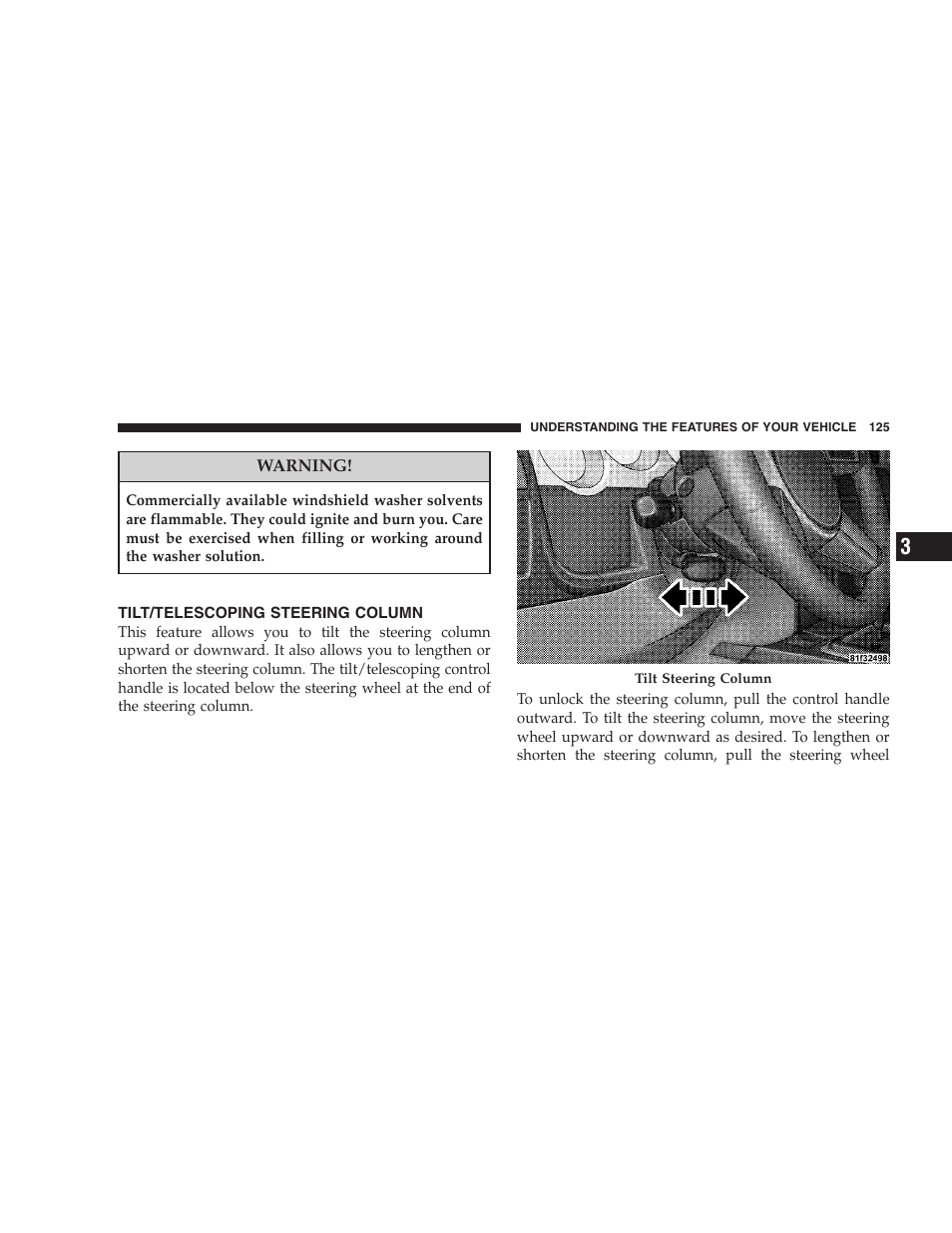 Tilt/telescoping steering column | Dodge 2008 Challenger SRT8 User Manual | Page 127 / 385