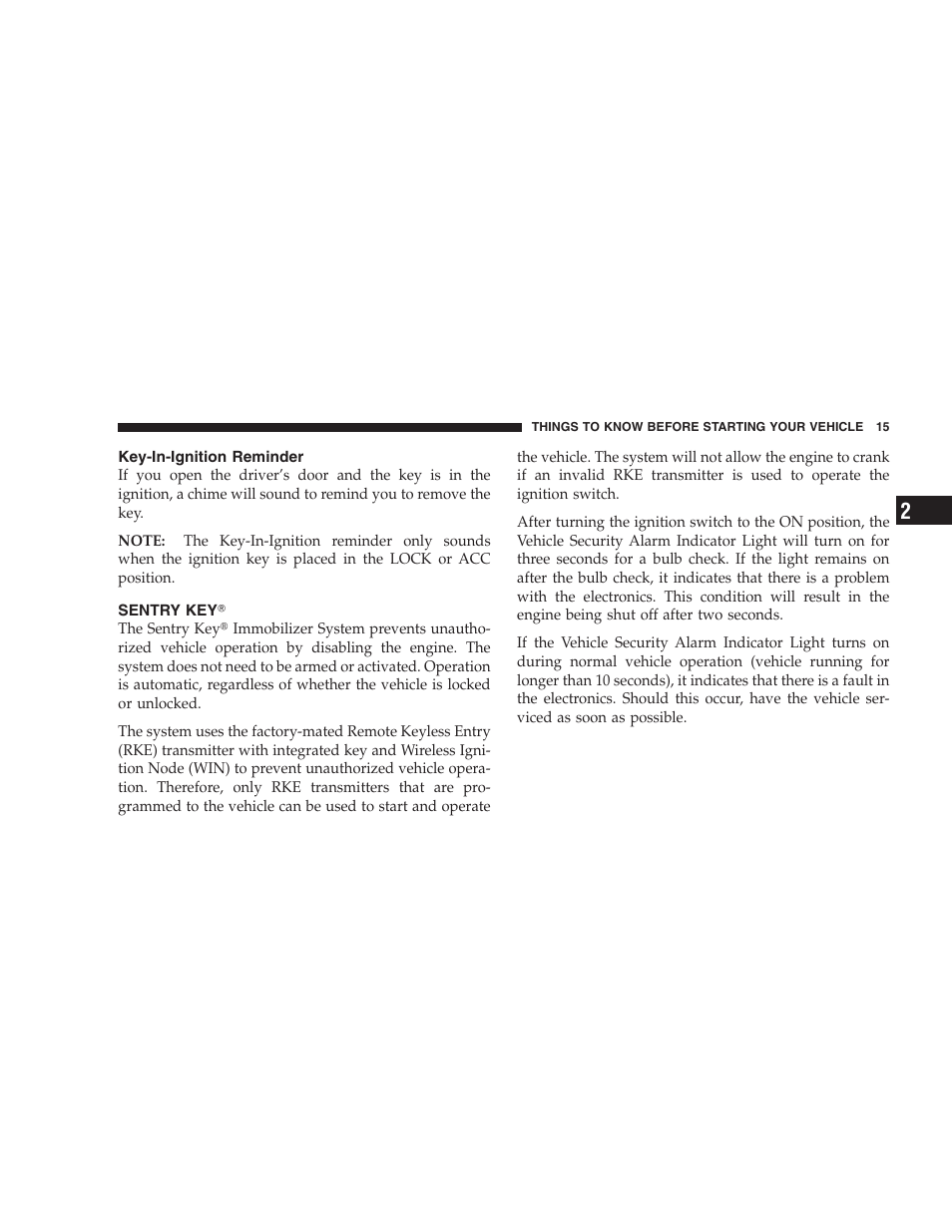 Key-in-ignition reminder, Sentry key | Dodge 2008 Challenger SRT8 User Manual | Page 17 / 385