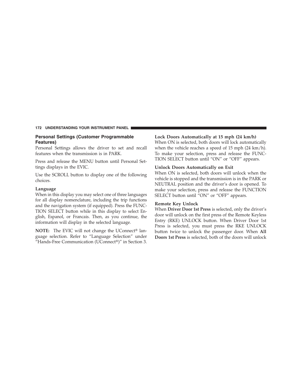 Personal settings (customer programmable features), Personal settings, Customer programmable features) | Dodge 2008 Challenger SRT8 User Manual | Page 174 / 385