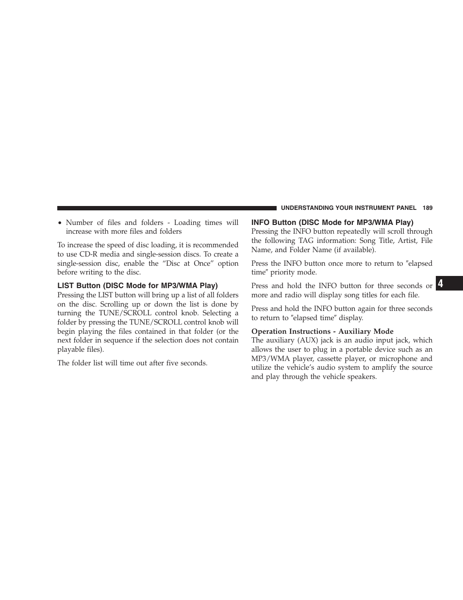List button (disc mode for mp3/wma play), Info button (disc mode for mp3/wma play), List button | Disc mode for mp3/wma play), Info button | Dodge 2008 Challenger SRT8 User Manual | Page 191 / 385