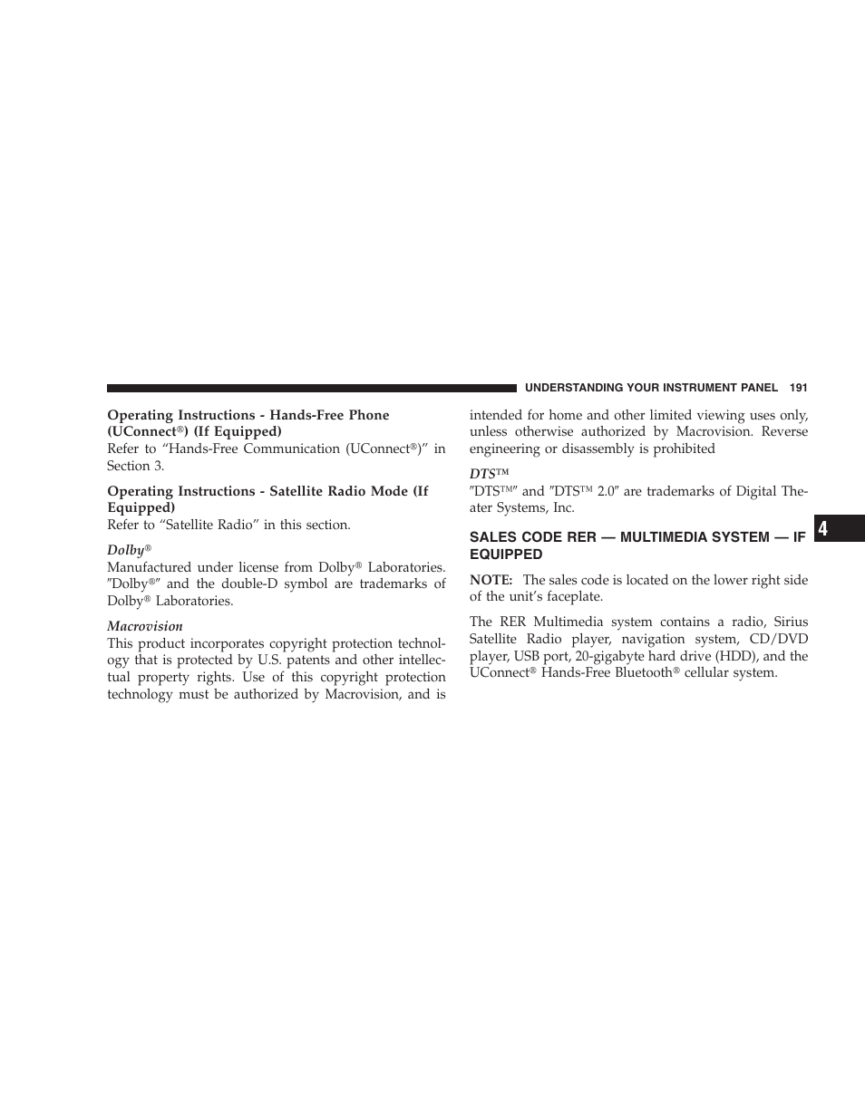 Sales code rer - multimedia system - if equipped, Sales code rer — multimedia system, If equipped | Dodge 2008 Challenger SRT8 User Manual | Page 193 / 385