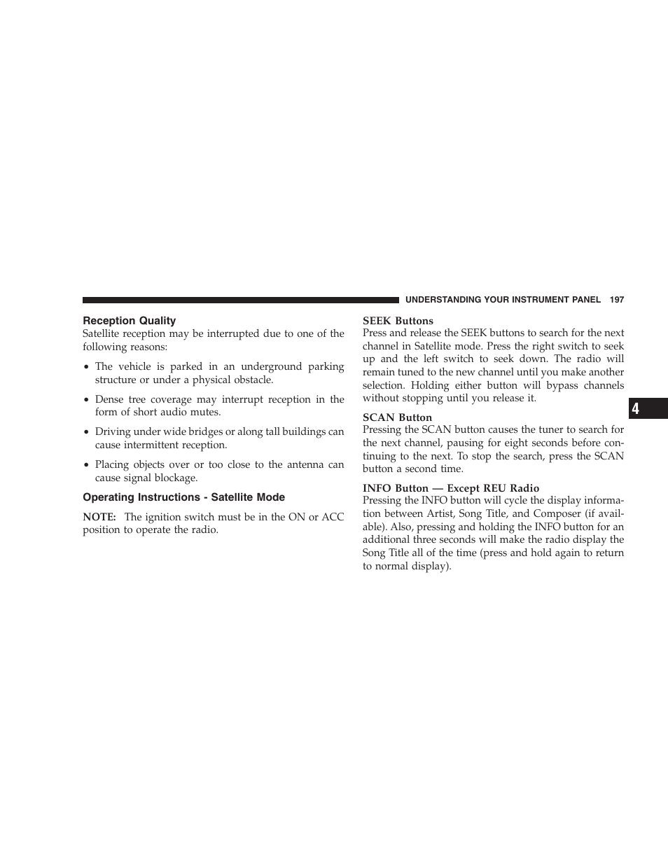 Reception quality, Operating instructions - satellite mode | Dodge 2008 Challenger SRT8 User Manual | Page 199 / 385