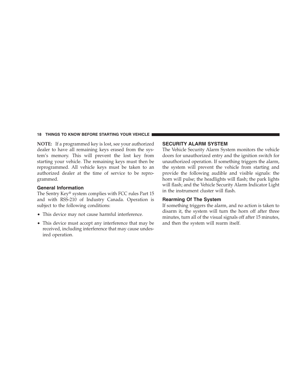 General information, Security alarm system, Rearming of the system | Dodge 2008 Challenger SRT8 User Manual | Page 20 / 385