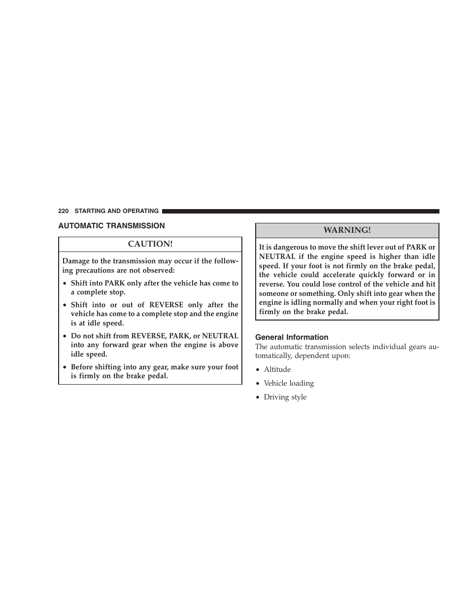 Automatic transmission, General information | Dodge 2008 Challenger SRT8 User Manual | Page 222 / 385
