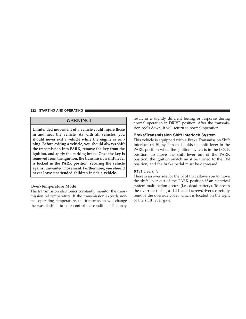 Brake/transmission shift interlock system | Dodge 2008 Challenger SRT8 User Manual | Page 224 / 385