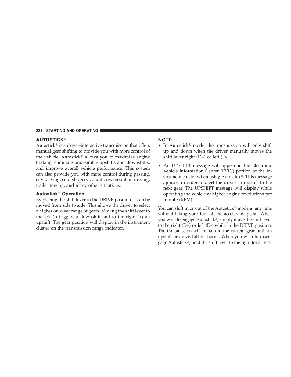 Autostick, Autostick operation, Autostick௡ operation | Dodge 2008 Challenger SRT8 User Manual | Page 230 / 385