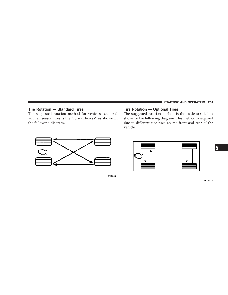 Tire rotation - standard tires, Tire rotation - optional tires, Tire rotation — standard tires | Tire rotation — optional tires | Dodge 2008 Challenger SRT8 User Manual | Page 265 / 385