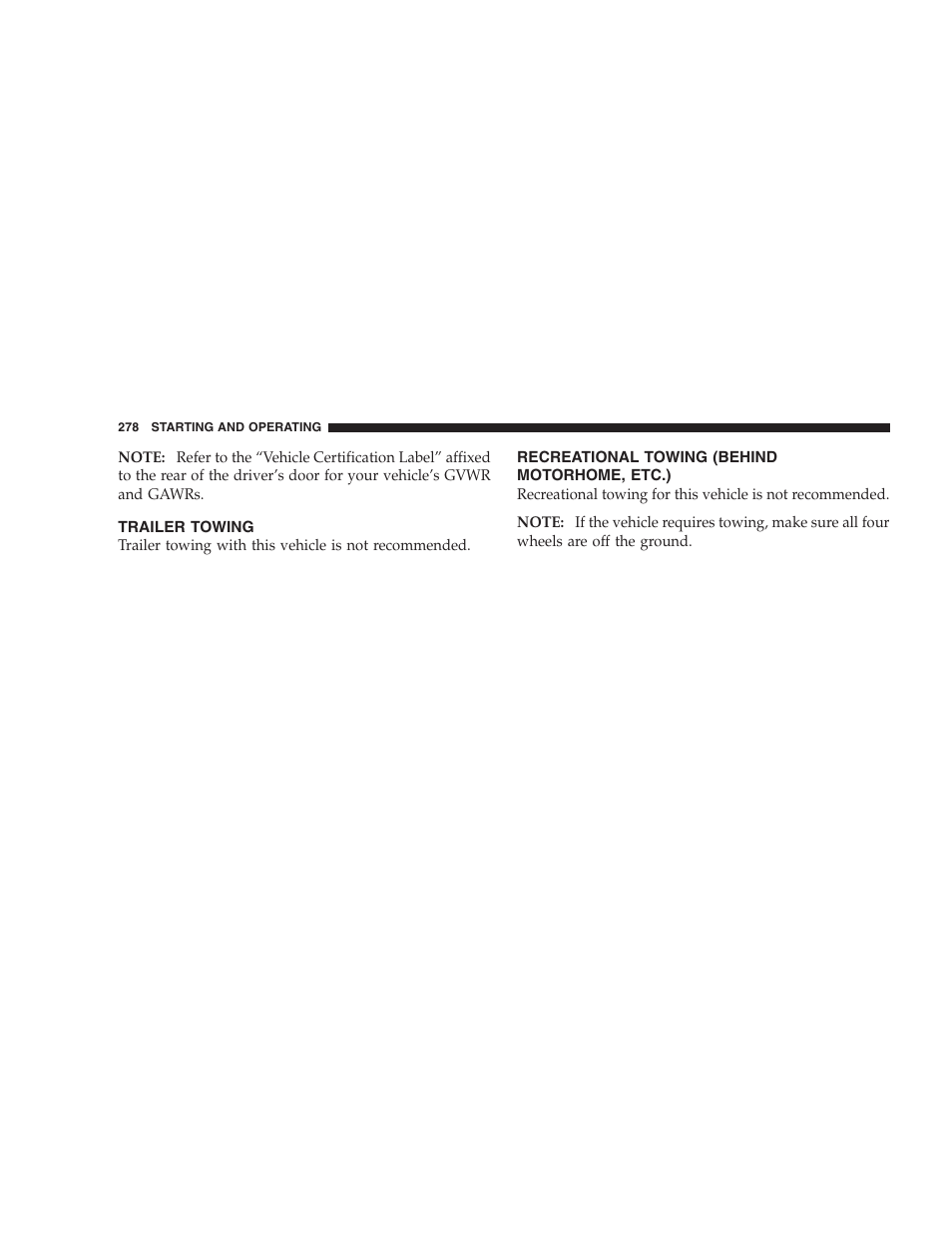 Trailer towing, Recreational towing (behind motorhome, etc.) | Dodge 2008 Challenger SRT8 User Manual | Page 280 / 385