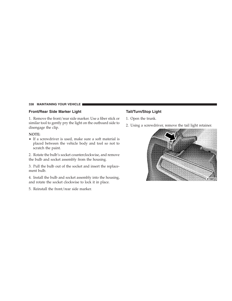 Front/rear side marker light, Tail/turn/stop light | Dodge 2008 Challenger SRT8 User Manual | Page 340 / 385