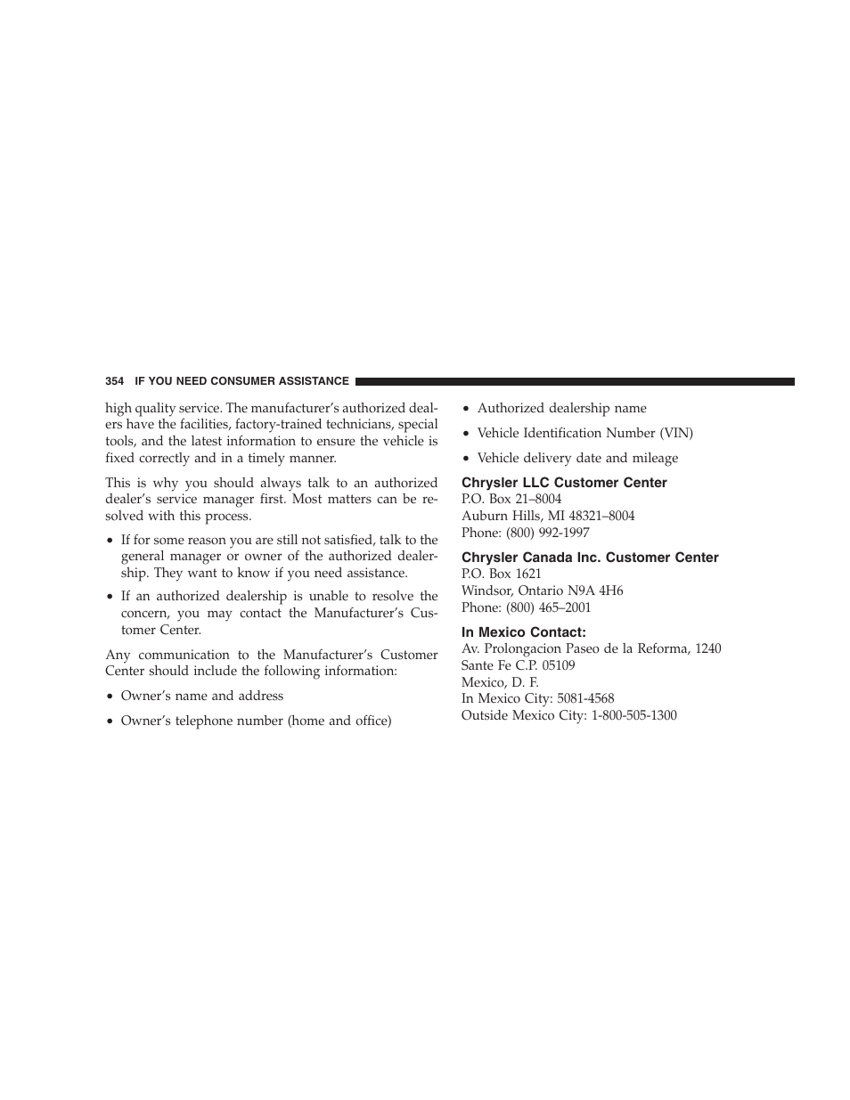 Chrysler llc customer center, Chrysler canada inc. customer center, In mexico contact | Dodge 2008 Challenger SRT8 User Manual | Page 356 / 385