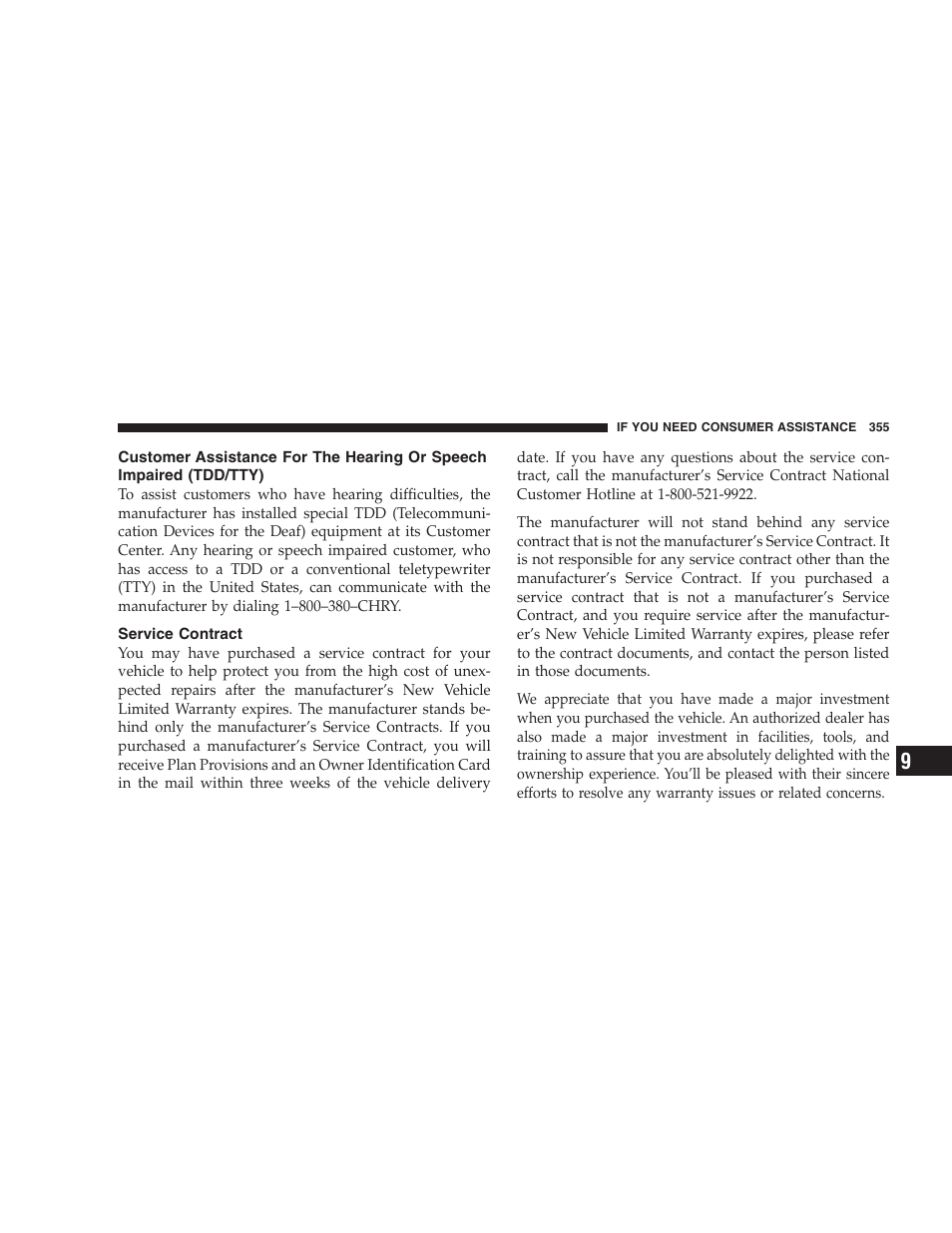 Service contract, Customer assistance for the hearing or, Speech impaired (tdd/tty) | Dodge 2008 Challenger SRT8 User Manual | Page 357 / 385