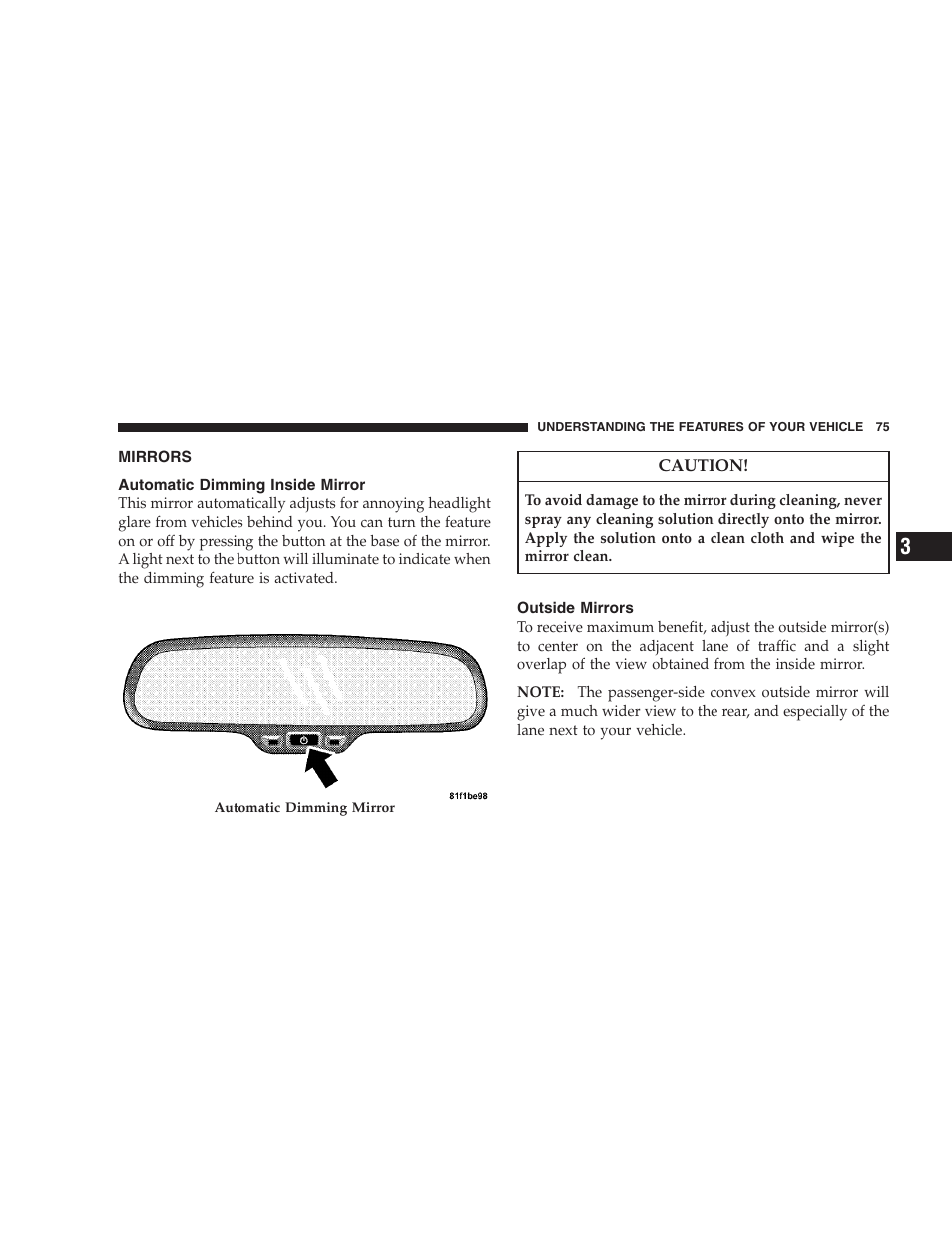 Mirrors, Automatic dimming inside mirror, Outside mirrors | Dodge 2008 Challenger SRT8 User Manual | Page 77 / 385