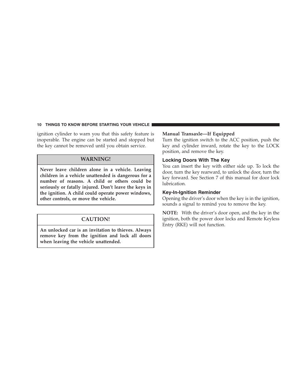 Locking doors with the key, Key-in-ignition reminder | Dodge 2007 Caliber User Manual | Page 10 / 360