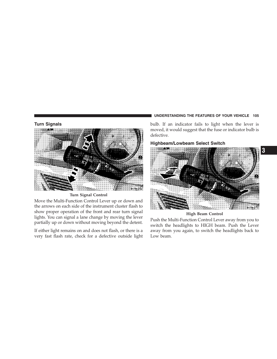 Turn signals, Highbeam/lowbeam select switch | Dodge 2007 Caliber User Manual | Page 105 / 360