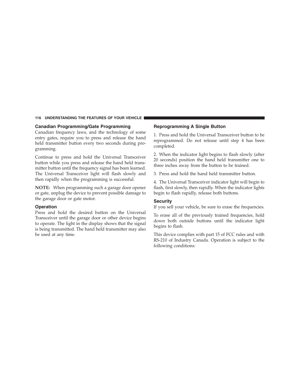 Canadian programming, Gate programming, Operation | Reprogramming a single button, Security | Dodge 2007 Caliber User Manual | Page 116 / 360