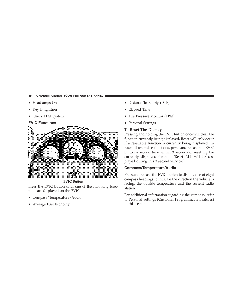 Evic functions, Compass/temperature/audio | Dodge 2007 Caliber User Manual | Page 154 / 360