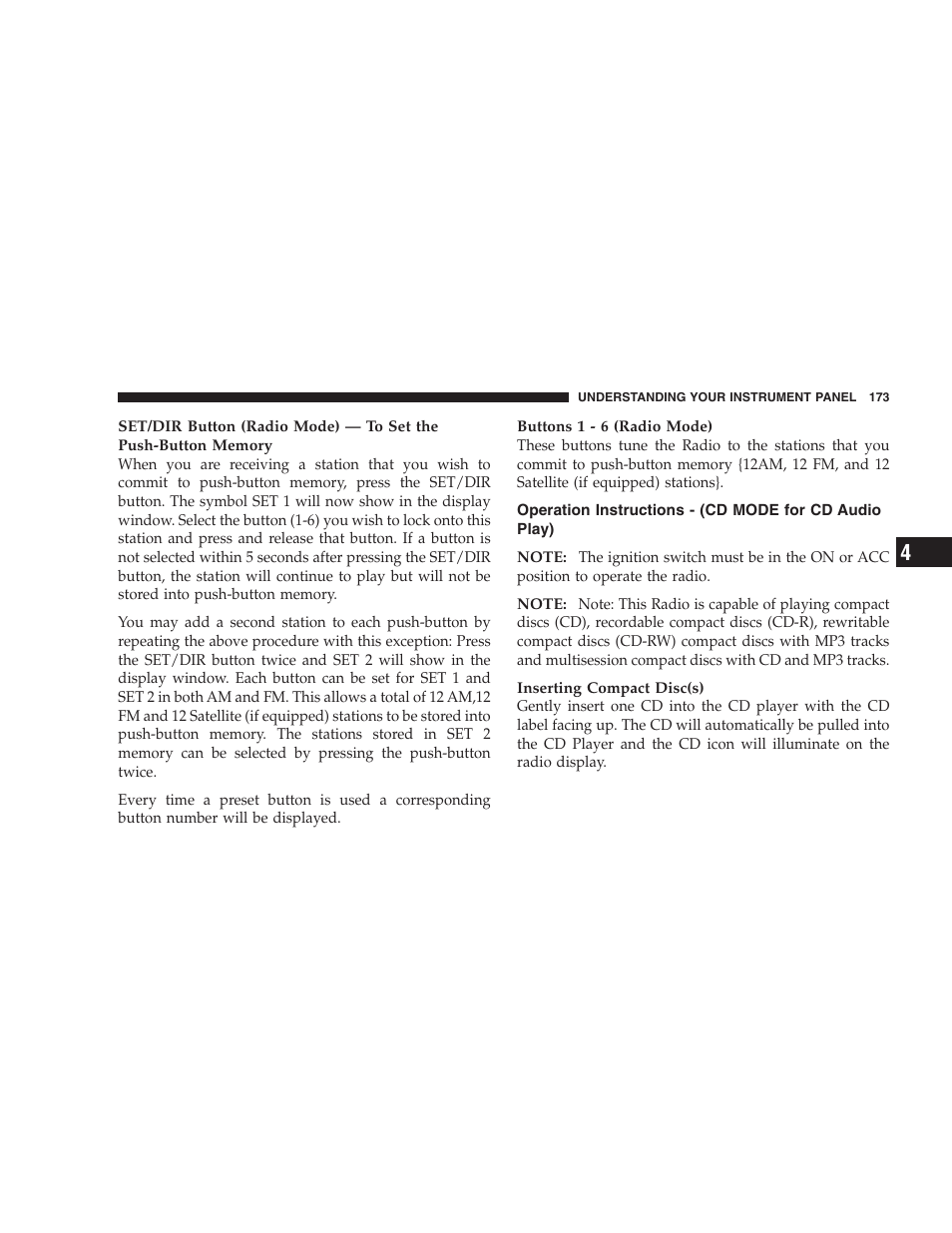 Operation instructions, Cd mode for cd audio play) | Dodge 2007 Caliber User Manual | Page 173 / 360