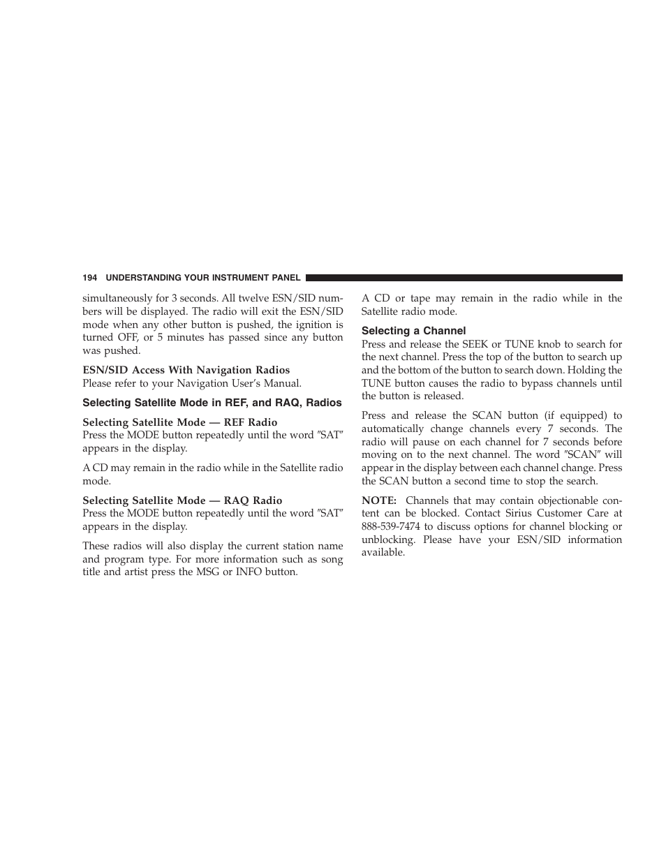 Selecting satellite mode in ref, And raq, radios, Selecting a channel | Dodge 2007 Caliber User Manual | Page 194 / 360