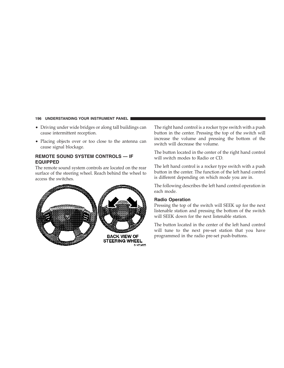 Remote sound system controls, If equipped, Radio operation | Dodge 2007 Caliber User Manual | Page 196 / 360