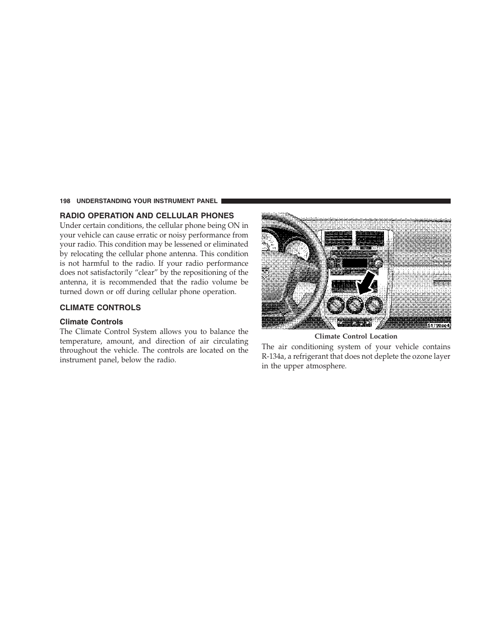 Radio operation and cellular phones, Climate controls | Dodge 2007 Caliber User Manual | Page 198 / 360