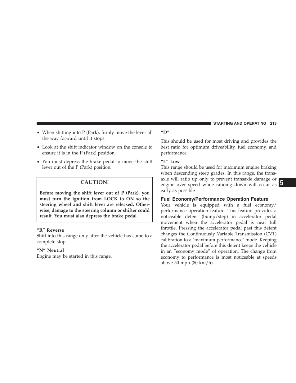 Fuel economy/performance, Operation feature | Dodge 2007 Caliber User Manual | Page 213 / 360