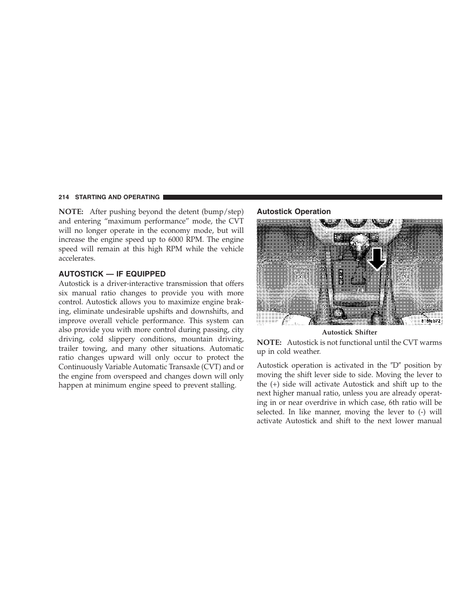 Autostick — if equipped, Autostick operation | Dodge 2007 Caliber User Manual | Page 214 / 360