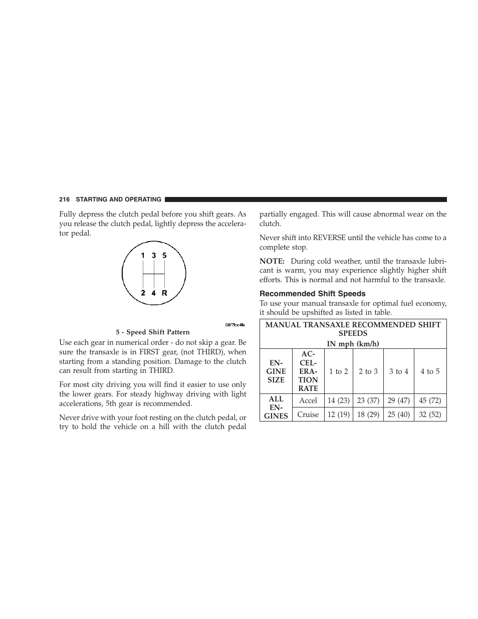 Recommended shift speeds | Dodge 2007 Caliber User Manual | Page 216 / 360