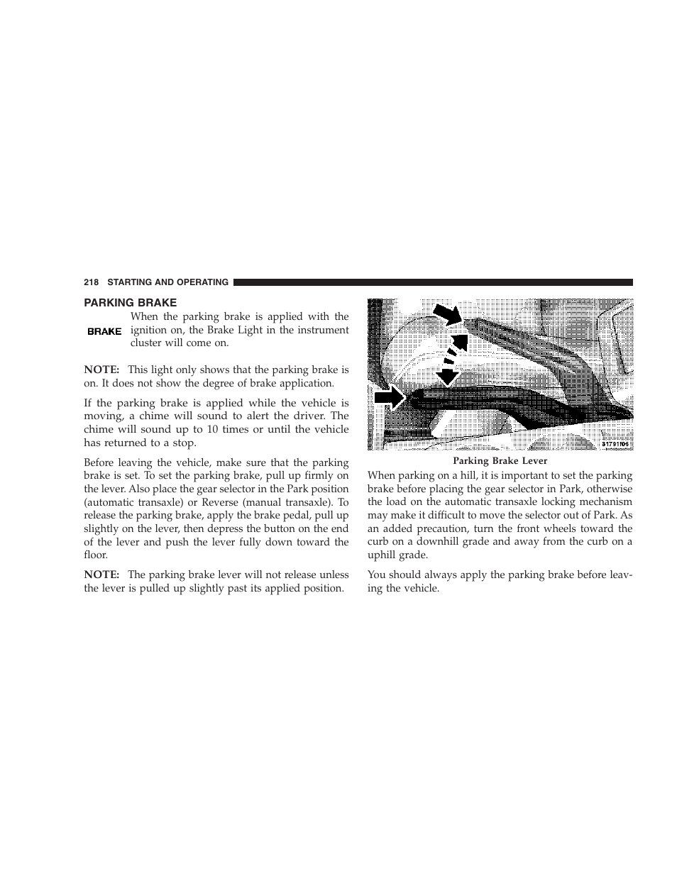 Parking brake | Dodge 2007 Caliber User Manual | Page 218 / 360