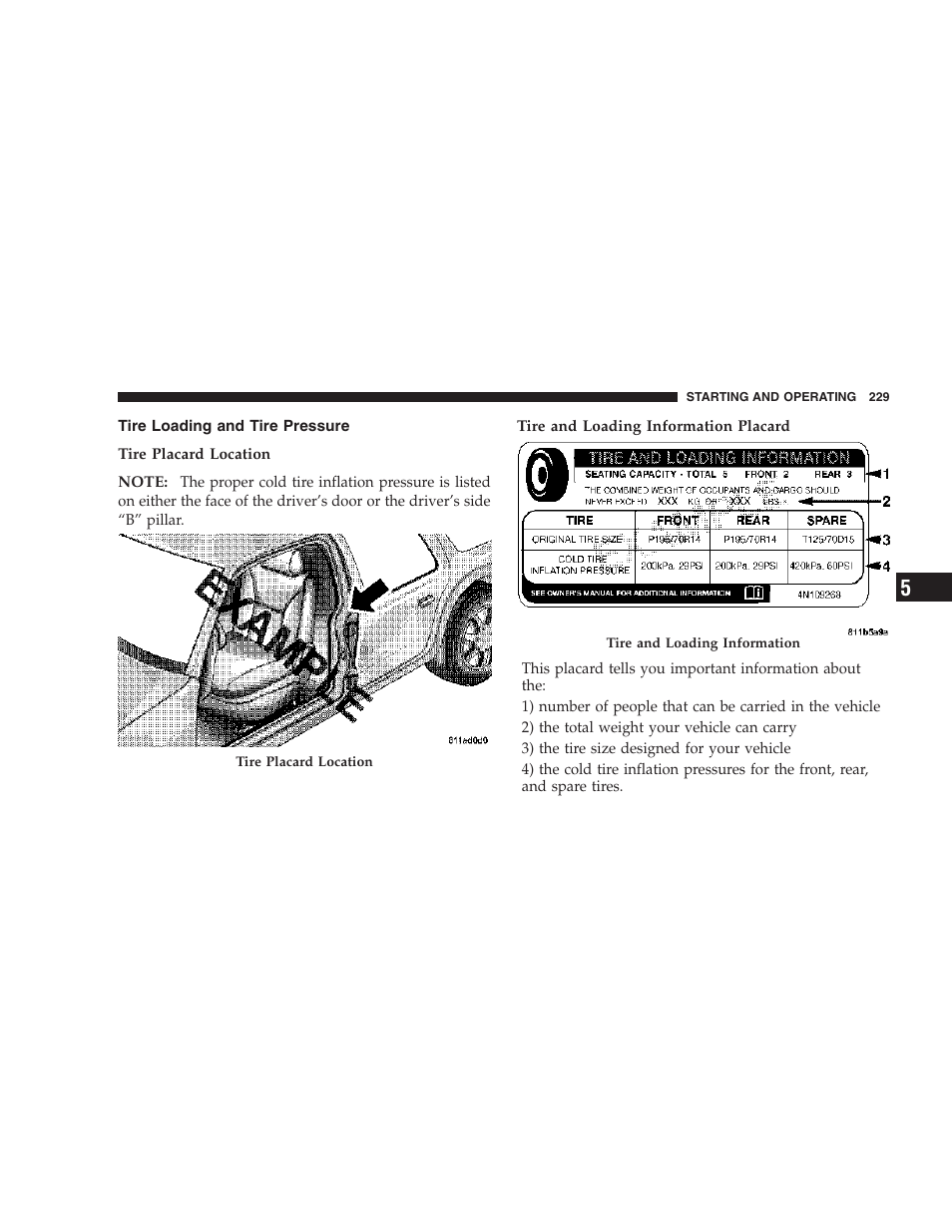 Tire loading and tire pressure | Dodge 2007 Caliber User Manual | Page 229 / 360