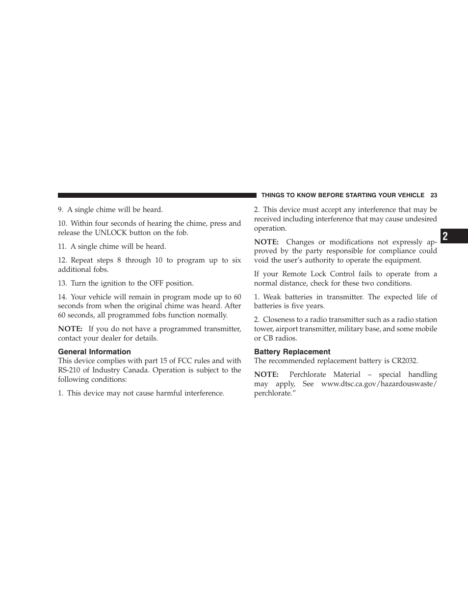 General information, Battery replacement | Dodge 2007 Caliber User Manual | Page 23 / 360