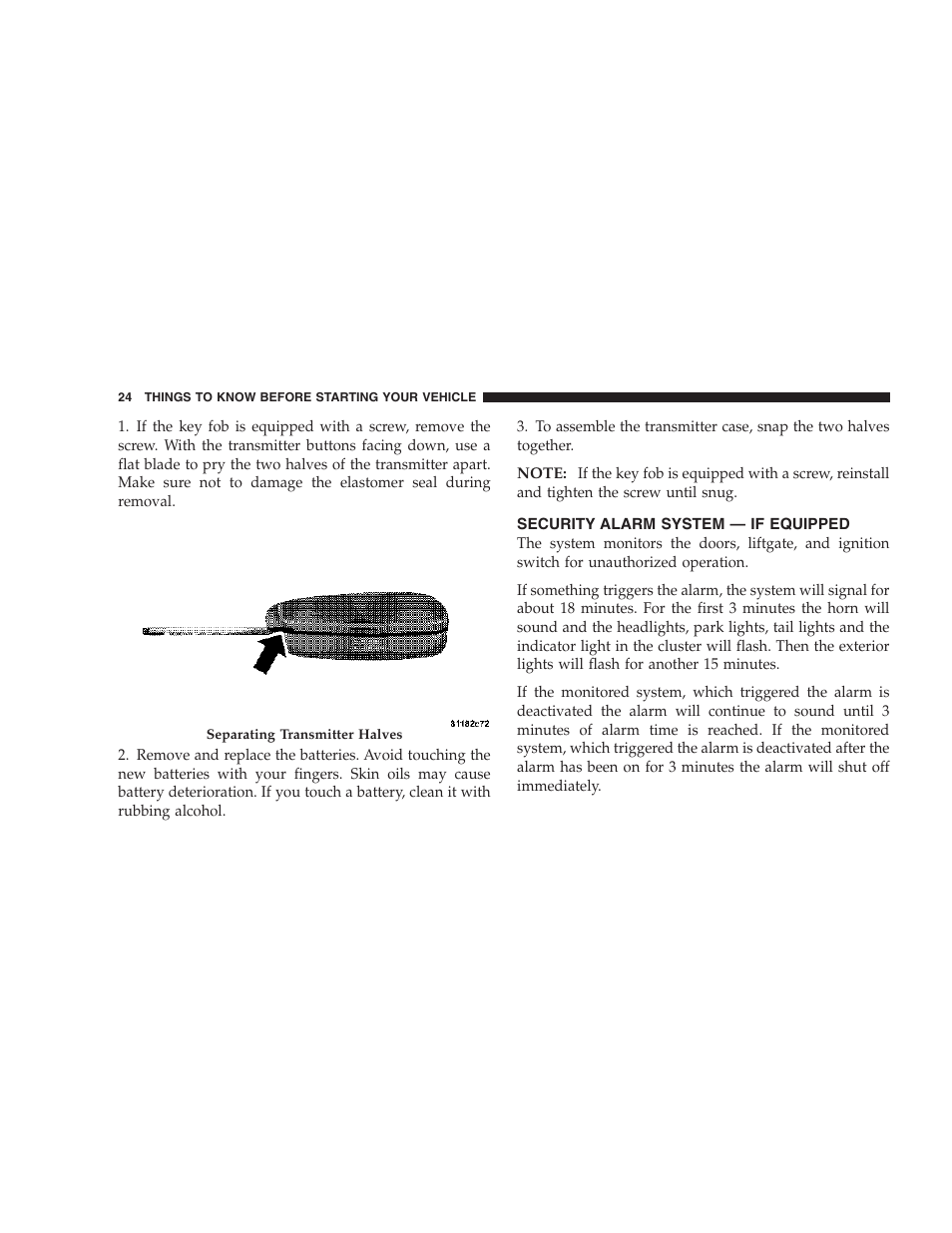 Security alarm system — if equipped | Dodge 2007 Caliber User Manual | Page 24 / 360