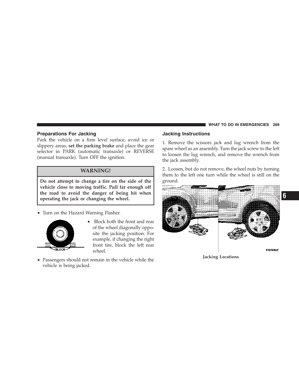 Preparations for jacking, Jacking instructions | Dodge 2007 Caliber User Manual | Page 269 / 360